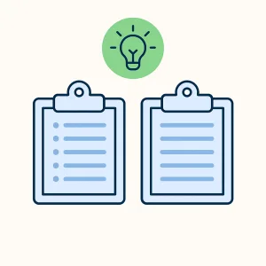 MDP Two clipboards with lined paper icons are side by side, suggesting comparison lists, below a green circle featuring a light bulb symbol for ideas or brainstorming. The background is light beige. Match Data Pro