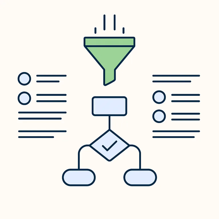 MDP A flowchart with a green funnel at the top, two comparison lists on either side, and connected boxes below, illustrating a process of filtering and decision making. Match Data Pro