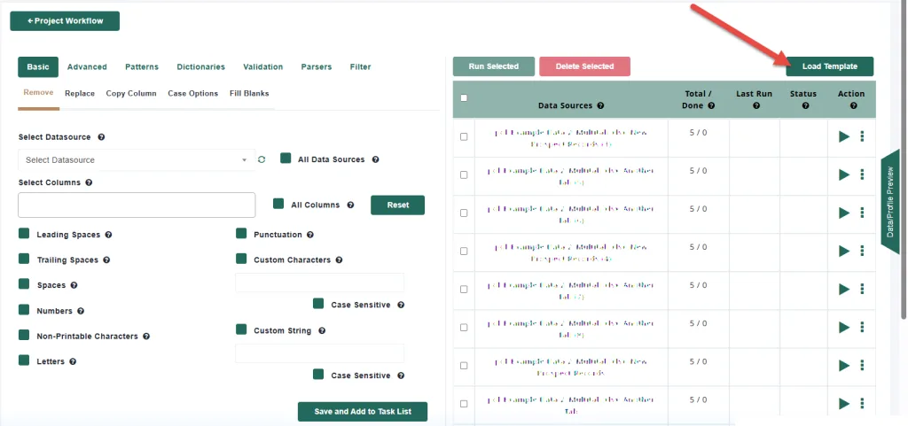 MDP Screenshot of a data processing interface showing options to select datasources and columns on the left, and a table listing data sources and actions on the right. A red arrow points to a Load Template button in the top right corner. Match Data Pro
