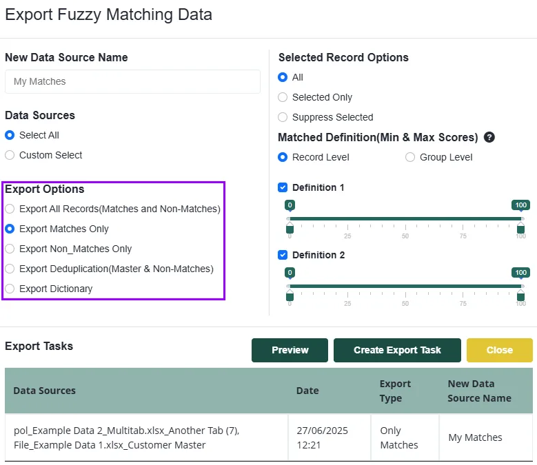 MDP A screenshot of the Export Fuzzy Matching Data interface, highlighting Export Options with checkboxes for different data export types. Below, a data source table and export tasks settings are visible. Match Data Pro