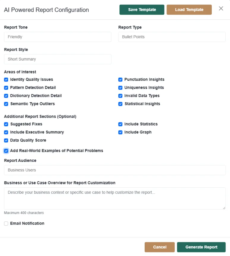 AI data profiling report options