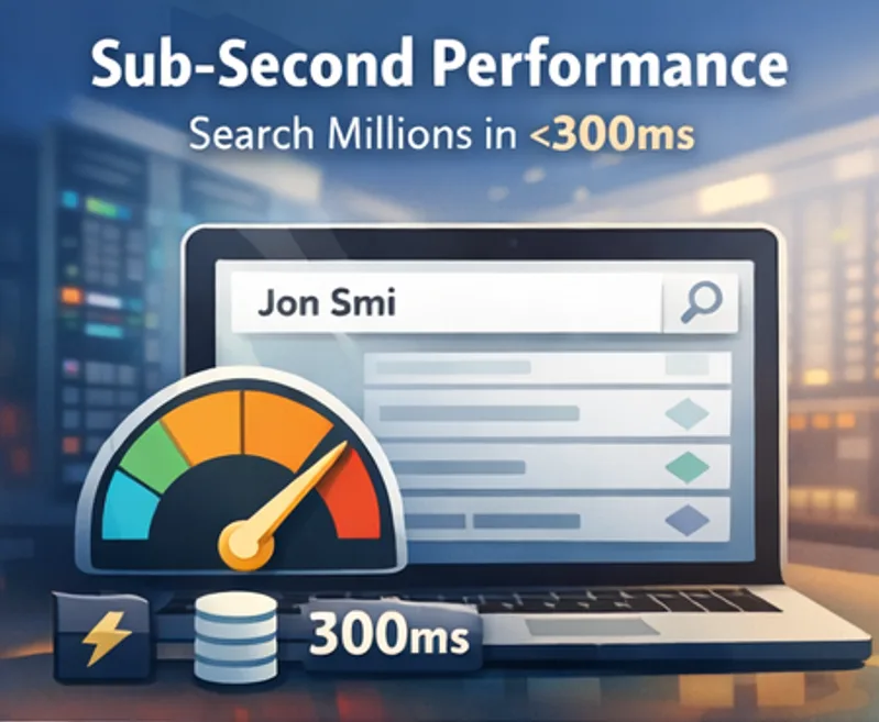 Live Fuzzy Search performance dashboard showing sub-300ms response times across millions of records