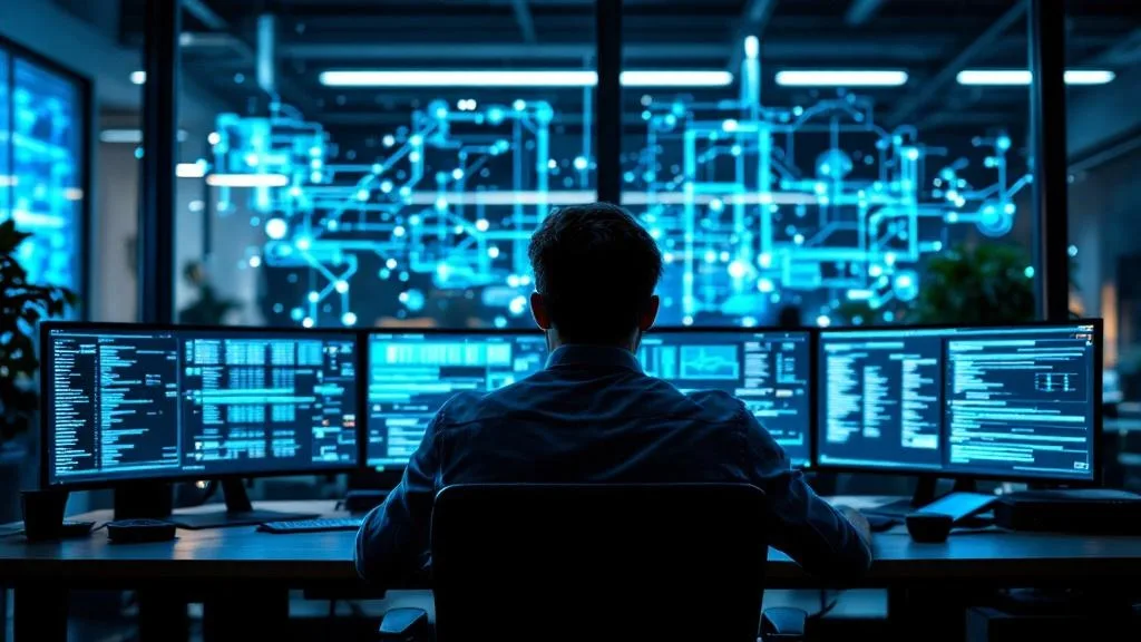 Data engineer comparing and matching records across large datasets on multiple monitors with glowing network connection nodes in a modern enterprise office