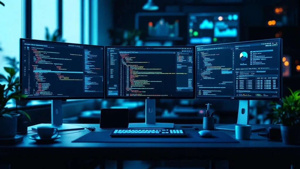 Data engineering workspace showing data cleansing and quality management workflows on multiple monitors