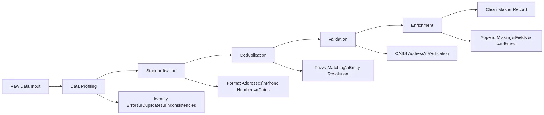 Data cleansing pipeline flowchart showing the 6 stages from raw data input through profiling, standardisation, deduplication, validation, enrichment to clean master record