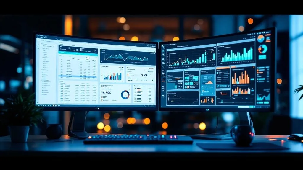 Data cleansing workflow dashboard on glowing blue and teal monitors in a modern B2B data engineering workstation
