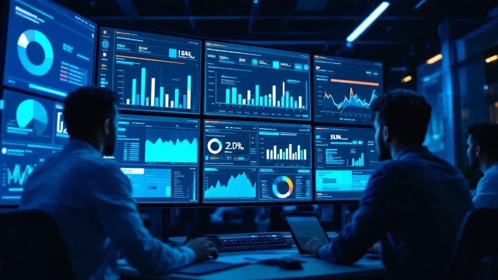 Data engineering team evaluating data matching software on large monitors showing fuzzy matching pipelines and record linkage dashboards in a modern tech office