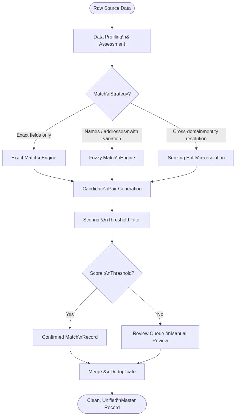 Data matching software pipeline flowchart showing profiling, fuzzy matching, entity resolution, scoring, deduplication and master record creation steps