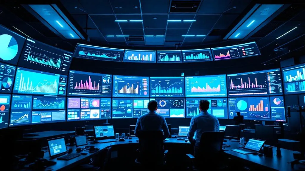 Data engineers reviewing data profiling dashboards with distribution charts, schema maps, and quality scores on large curved monitors in a modern analytics operations centre