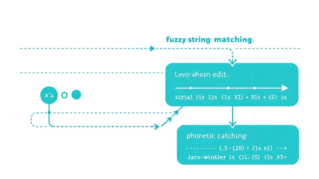Technical illustration of fuzzy matching algorithms including Levenshtein distance, Jaro-Winkler similarity scoring and phonetic matching methods