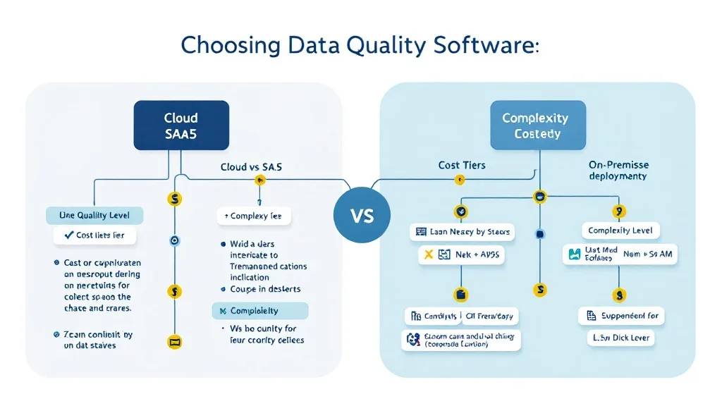 Decision framework illustration for choosing data quality software — comparing cloud SaaS vs on-premise deployment, cost tiers and complexity levels
