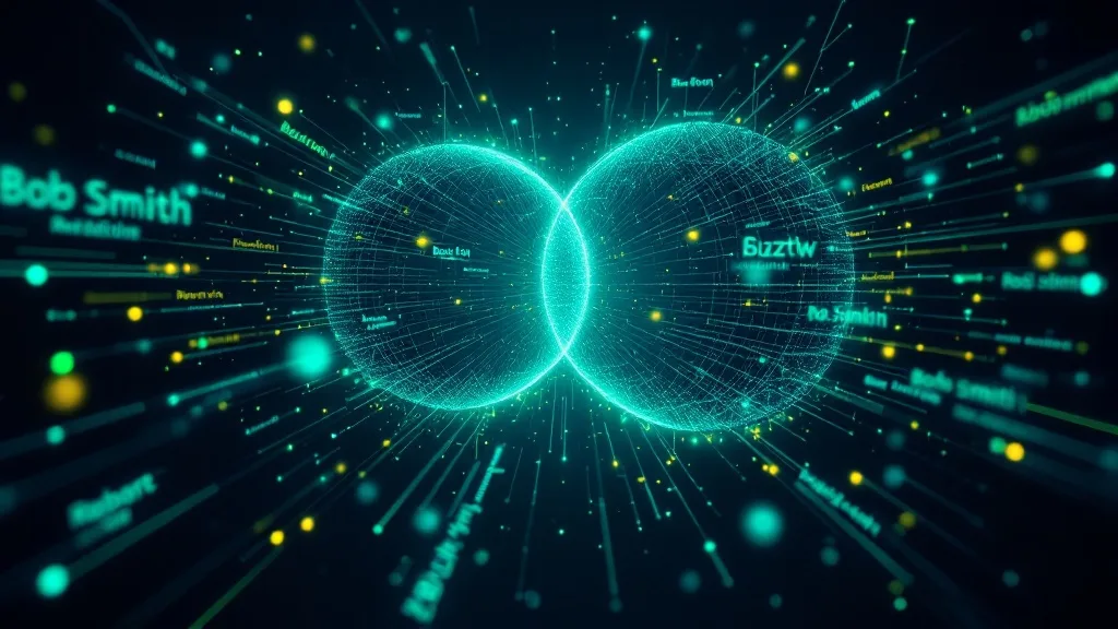 Abstract visualization of fuzzy matching connecting two similar data records with similarity score lines โ fuzzy string matching concept illustration