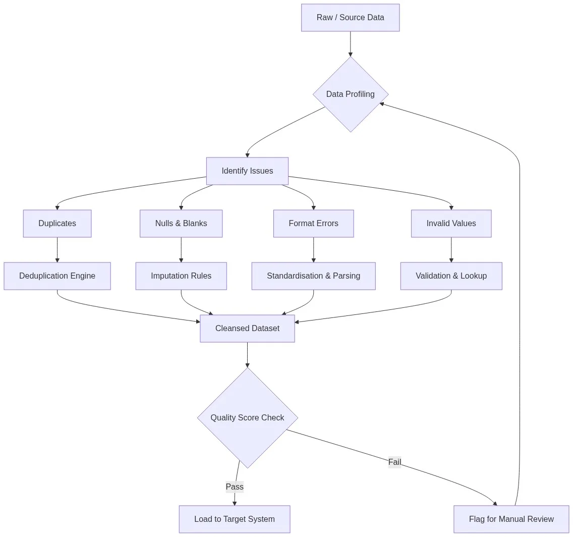 Data cleansing pipeline flowchart showing profiling, deduplication, standardisation, validation, and quality score check stages — Match Data Pro