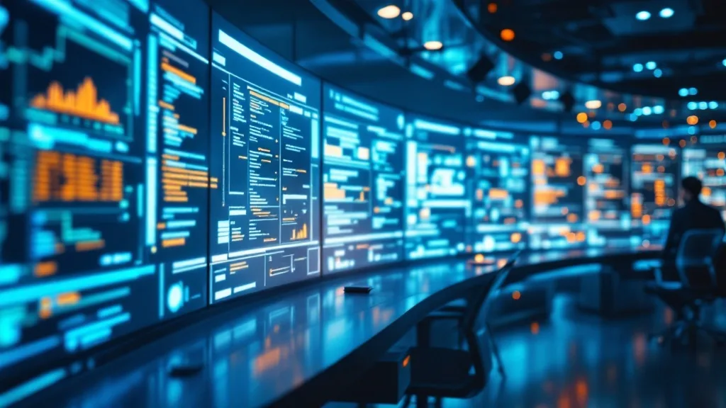 Data cleansing pipeline in a modern operations centre with blue and teal monitors showing structured data transformation workflows