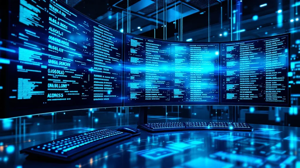 Data operations center with curved monitors displaying address data cleansing pipelines in deep blue and teal, cinematic lighting