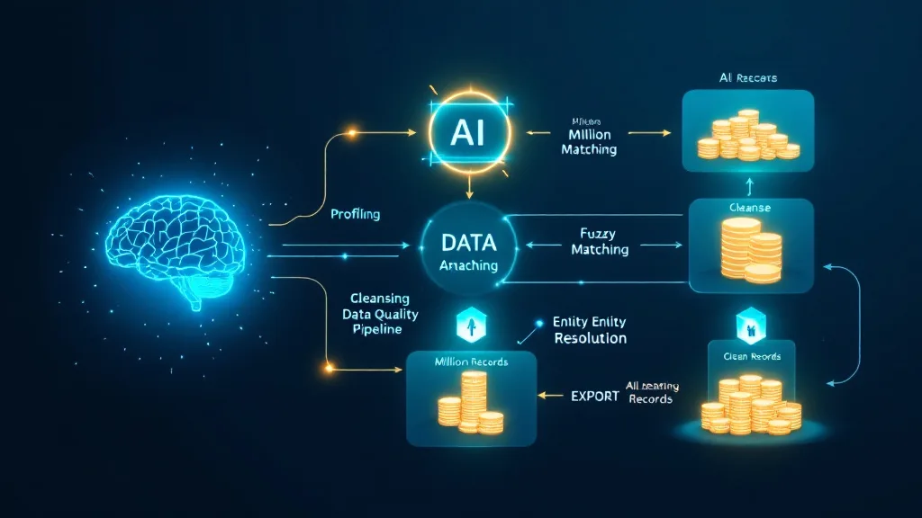 AI agent pipeline architecture diagram showing profiling, cleansing, fuzzy matching, entity resolution and export stages driven by MCP Server