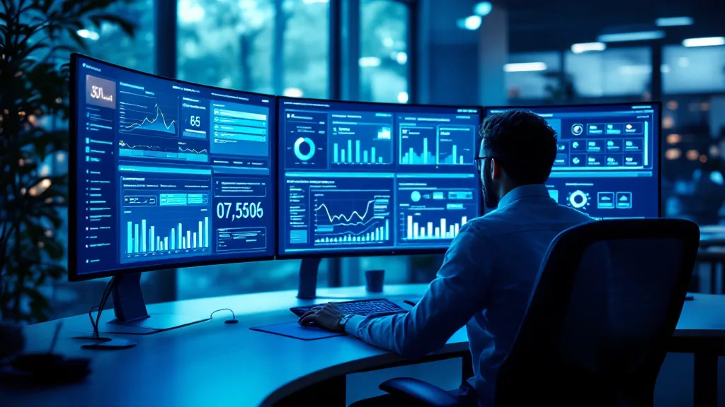 Data engineer configuring first matching condition scoring rules and revenue band tiers on multiple monitors in a modern data operations centre