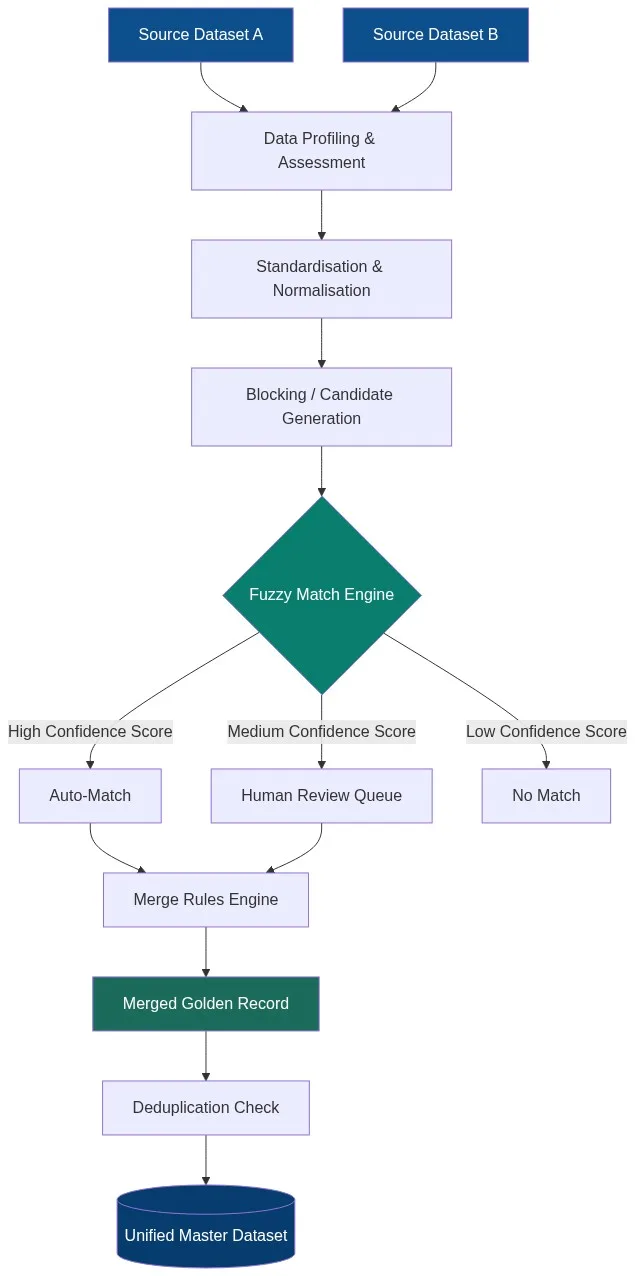Fuzzy name matching software pipeline flowchart: from dual source datasets through profiling, normalisation, fuzzy match engine, confidence scoring, merge rules, and into a unified golden master record