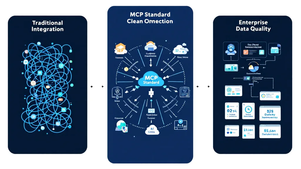 Diagram comparing traditional custom code integration versus MCP standard universal hub connecting AI clients to enterprise data quality tools