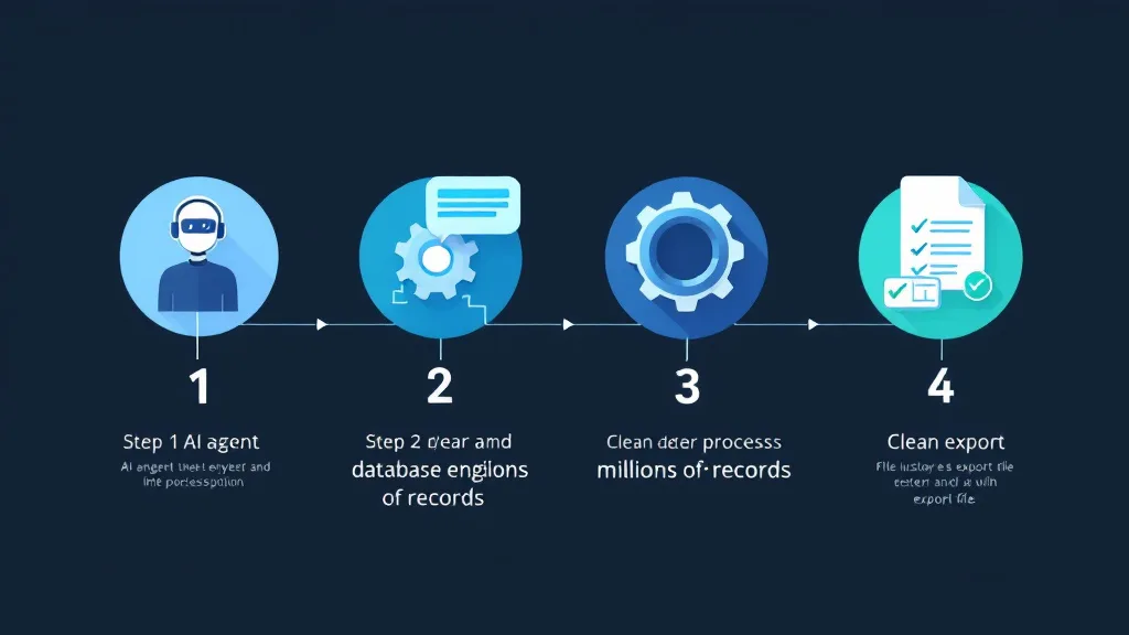 4-step workflow diagram showing how an AI agent connects, instructs, and drives the Match Data Pro fuzzy matching engine to process millions of records