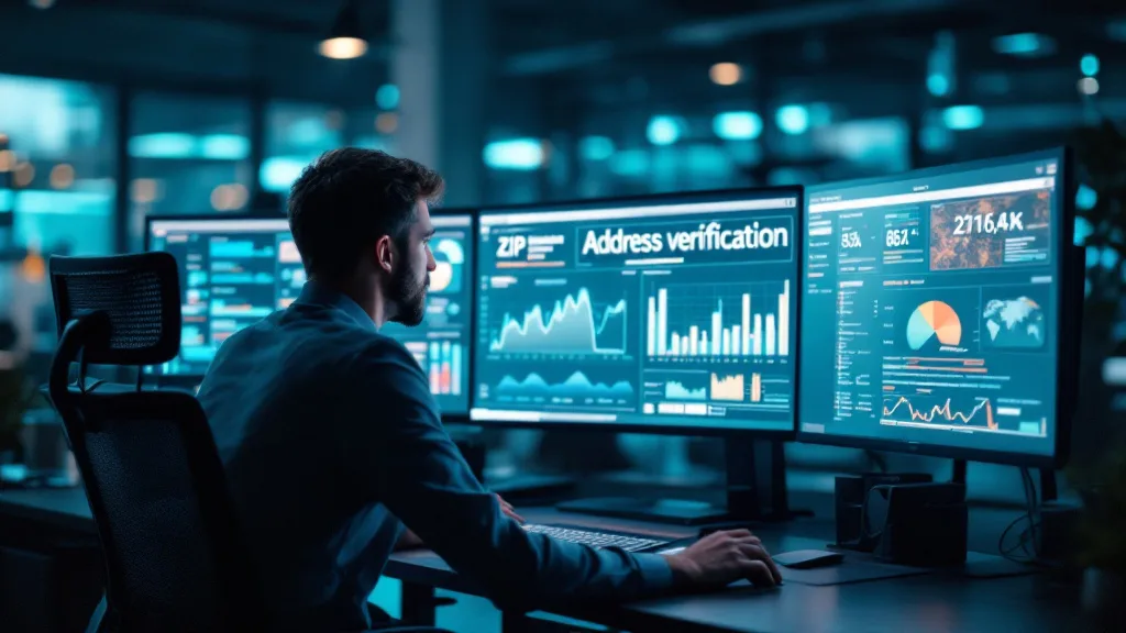Data engineer at a workstation reviewing ZIP code address verification and CASS validation results on large monitors with a deep blue and teal colour palette