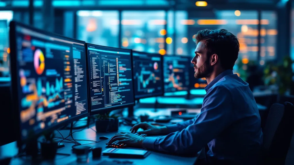 Data operations team reviewing address data cleansing results on large monitors in a modern office with deep blue and teal lighting