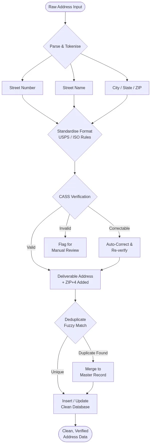 Address data cleansing pipeline flowchart showing parse, standardise, CASS verify, deduplicate and merge stages