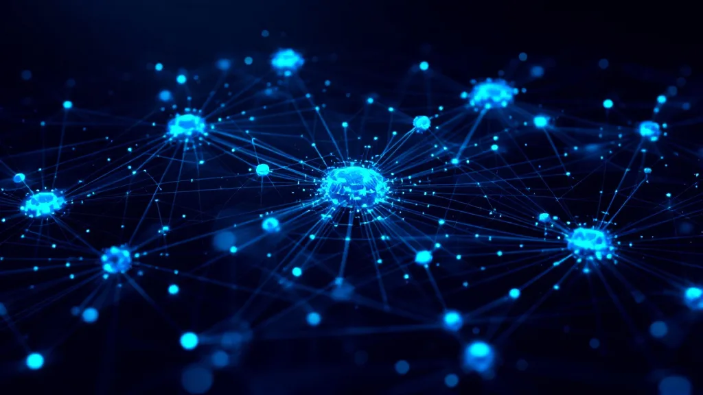 Abstract glowing network of interconnected data nodes representing agentic entity resolution and automated identity matching at scale