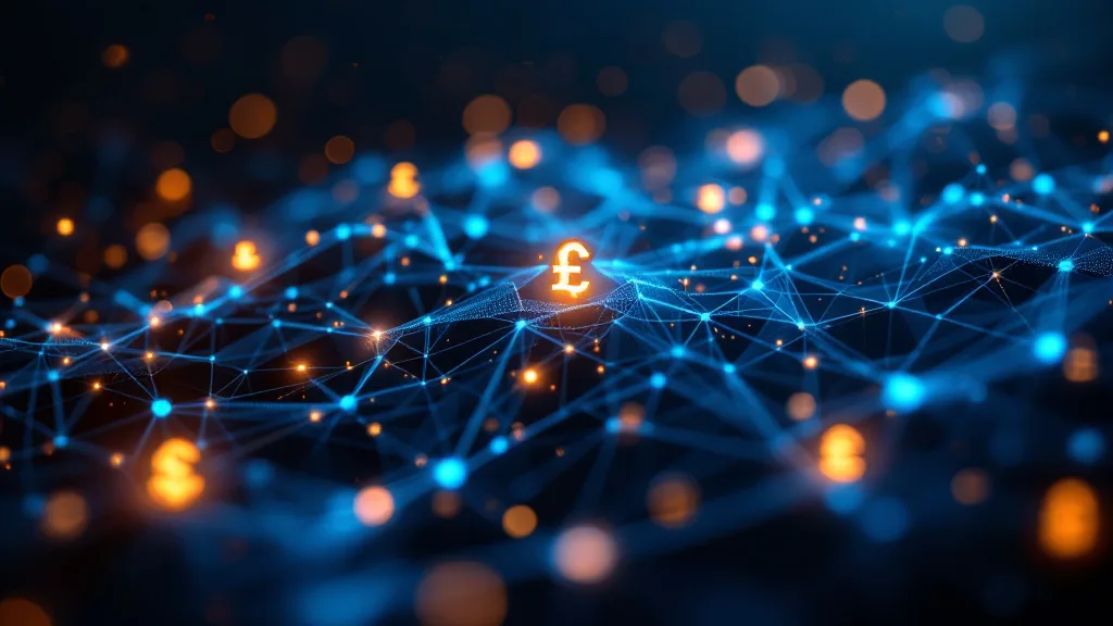 Abstract visualization of financial data quality software: glowing blue and gold neural network nodes with data streams and structured grids on dark background