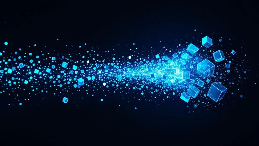 Abstract visualization of data matching algorithms: streams of glowing blue data nodes converging into a unified crystalline structure, representing multi-algorithm record linkage
