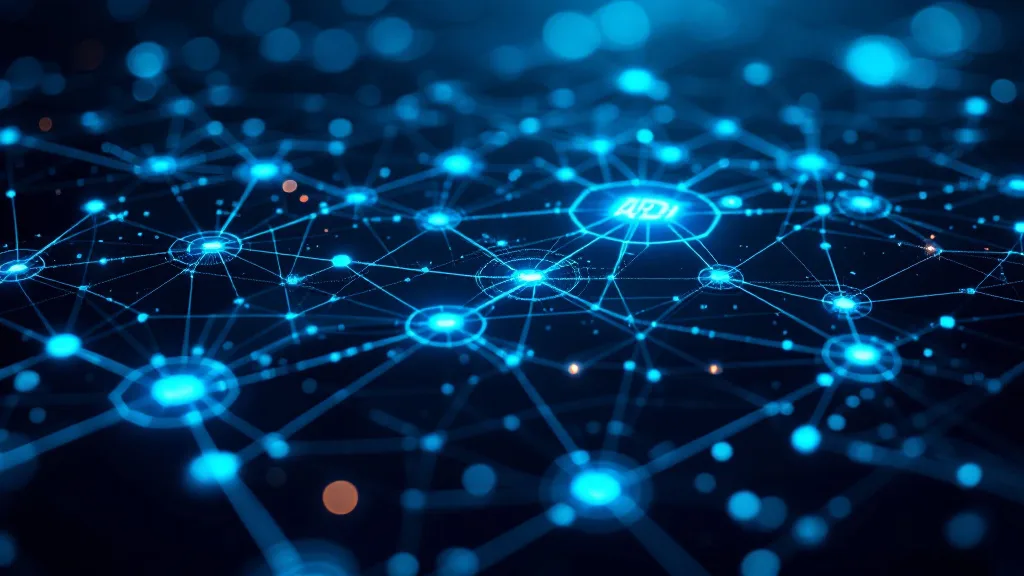 Abstract data matching REST API pipeline architecture — glowing blue network nodes and flowing data streams on dark background representing modern matching engine infrastructure