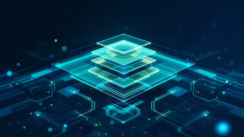 Abstract data quality framework visualization showing layered blue and teal data streams flowing through interconnected pipeline stages on a dark navy background