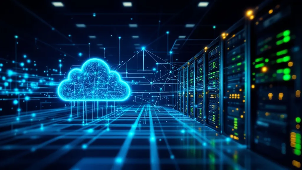 Cloud vs on-premise data quality software deployment: abstract visualization of split-screen server infrastructure with blue cloud nodes and green on-premise server rack