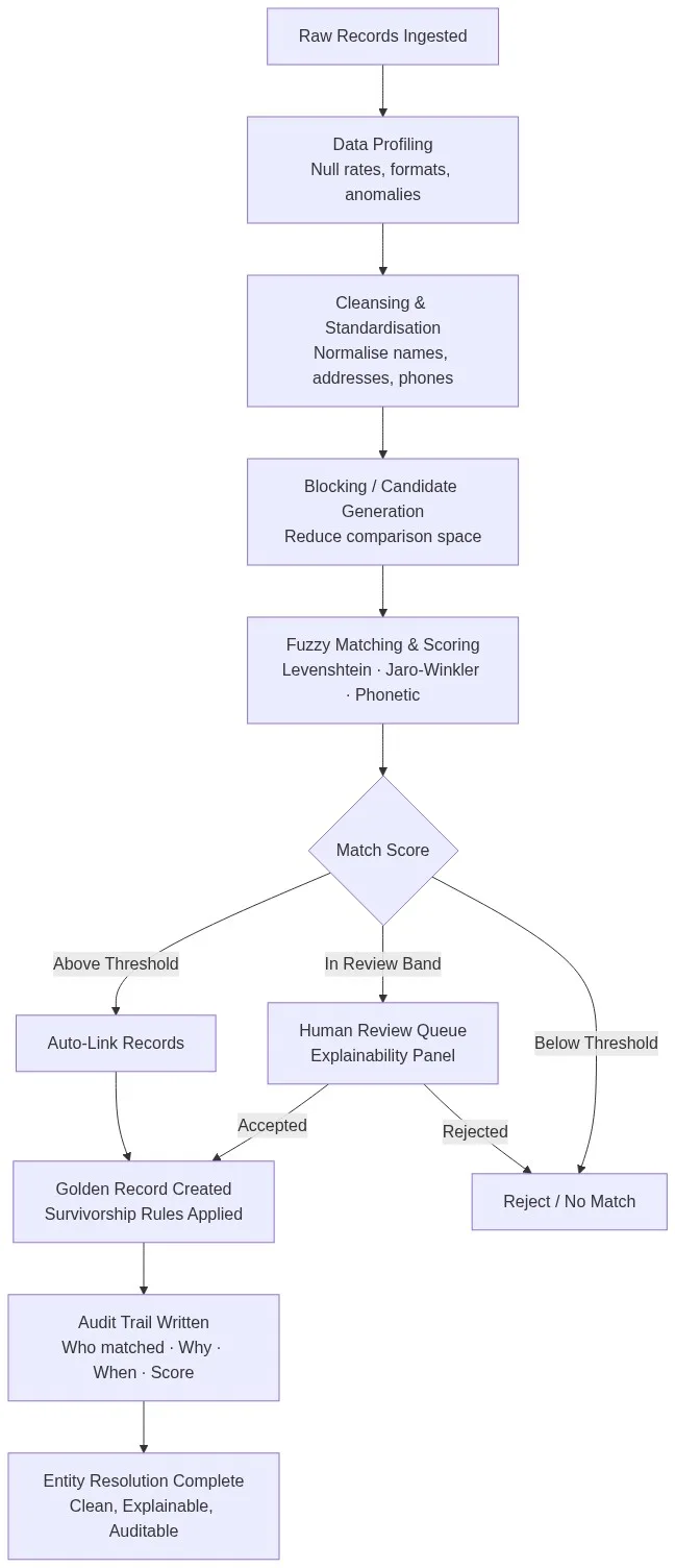 Explainable entity resolution pipeline flowchart showing data profiling, cleansing, fuzzy matching, scoring, human review, audit trail and golden record creation