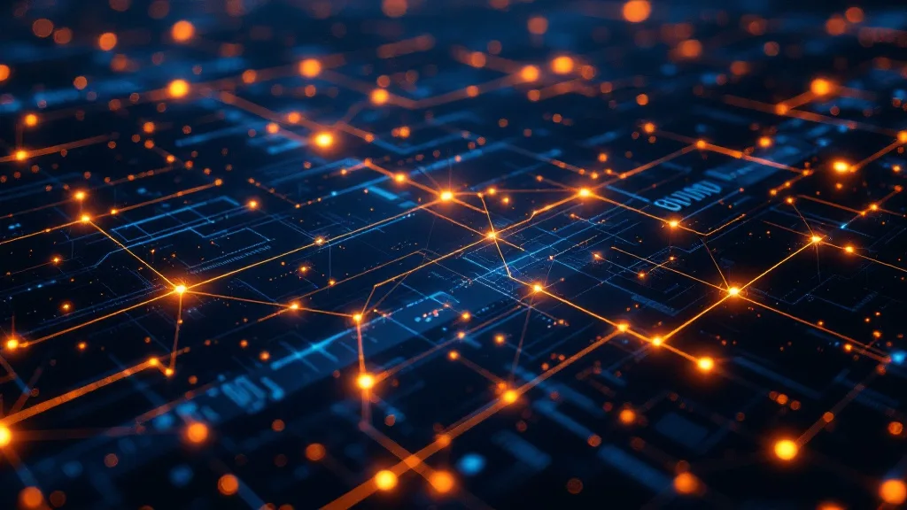 Abstract visualization of financial data quality management showing interconnected data nodes and pipeline flows in navy and gold tones