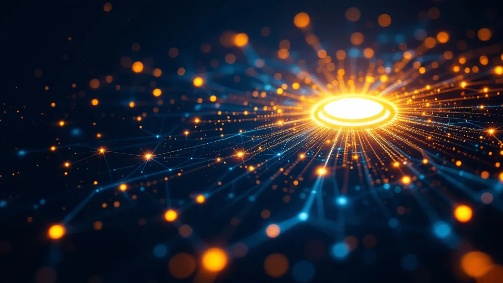 Abstract data network visualisation showing glowing nodes converging into a single golden master record, representing master data cleansing and unification across enterprise systems