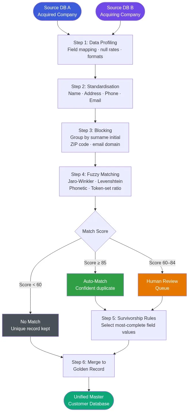Post-merger customer deduplication workflow: 6-step pipeline from dual source databases through profiling, standardisation, fuzzy matching, survivorship rules, to a unified golden record