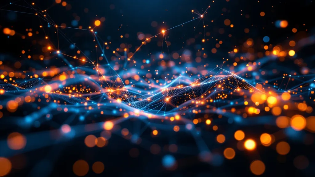 Abstract visualization of SQL fuzzy matching limitations and data streams flowing through a dark network of nodes, representing approximate string matching at scale