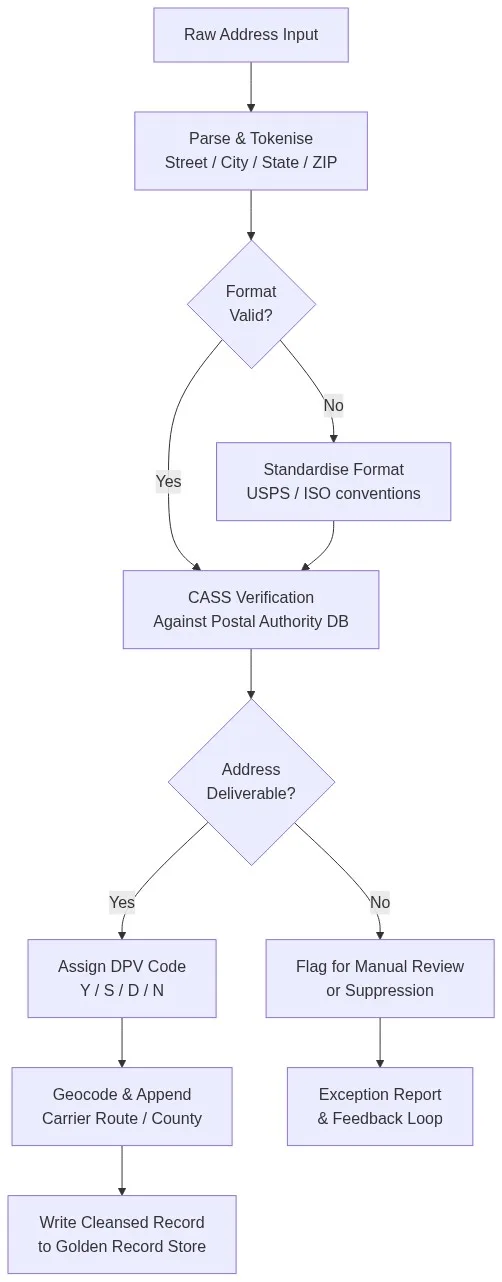 Address cleansing pipeline flowchart showing parse, CASS verification, DPV coding, geocoding and golden record output stages