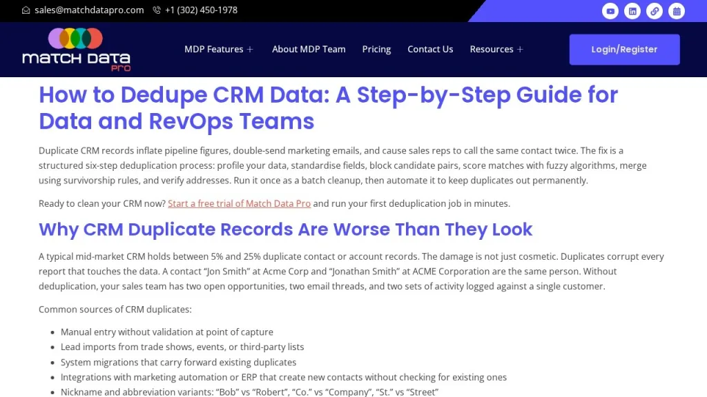 CRM data cleansing and deduplication platform showing customer records being audited, standardised and merged into a clean database