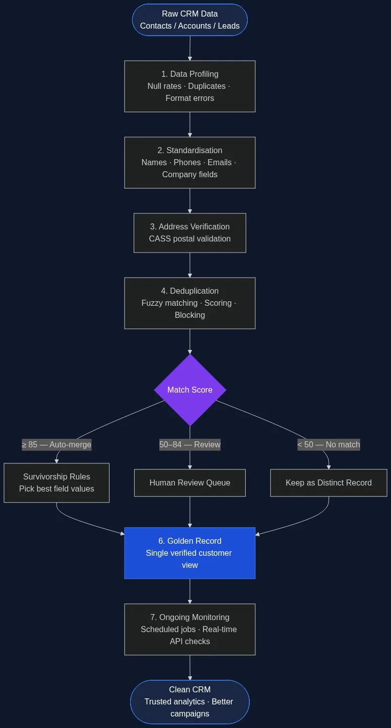 CRM data cleansing seven-stage pipeline flowchart: from raw CRM data through profiling, standardisation, address verification, deduplication, golden record creation, and ongoing monitoring
