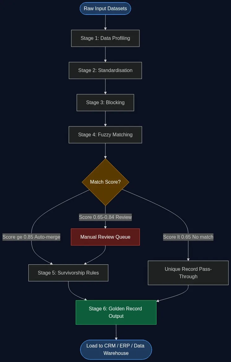 Six-stage data deduplication pipeline flowchart: profiling, standardisation, blocking, fuzzy matching, survivorship rules, and golden record output for enterprise data quality