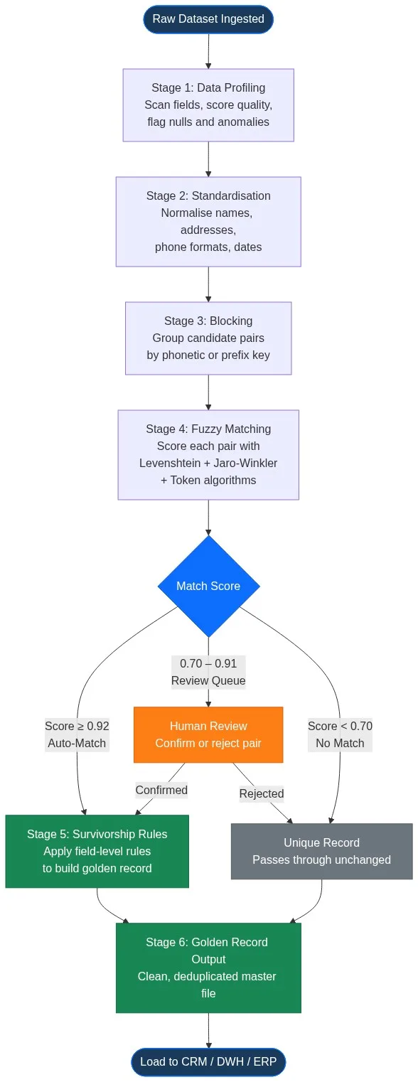 Data deduplication software six-stage pipeline flowchart: profiling, standardisation, blocking, fuzzy matching, survivorship rules, and golden record output