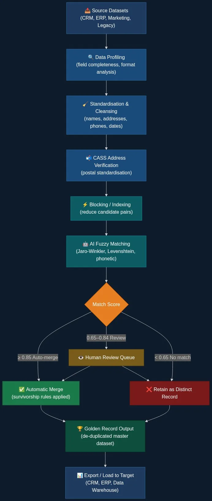 Data quality pipeline for reducing AI hallucination risk โ showing profiling, standardisation, deduplication, entity resolution, and golden record output stages