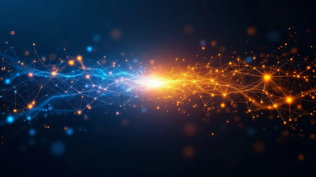 Two streams of data nodes merging into a unified golden network representing data quality management in mergers and acquisitions