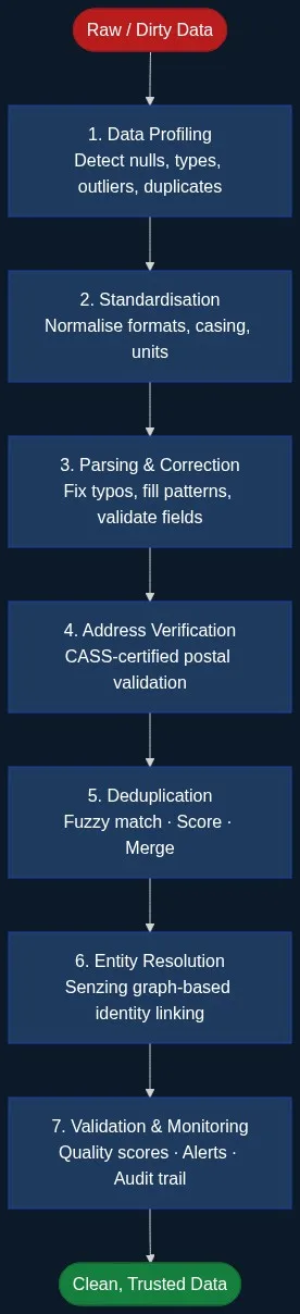 Seven-stage data scrubbing pipeline flowchart: profiling, standardisation, parsing and correction, address verification, deduplication, entity resolution, and validation and monitoring