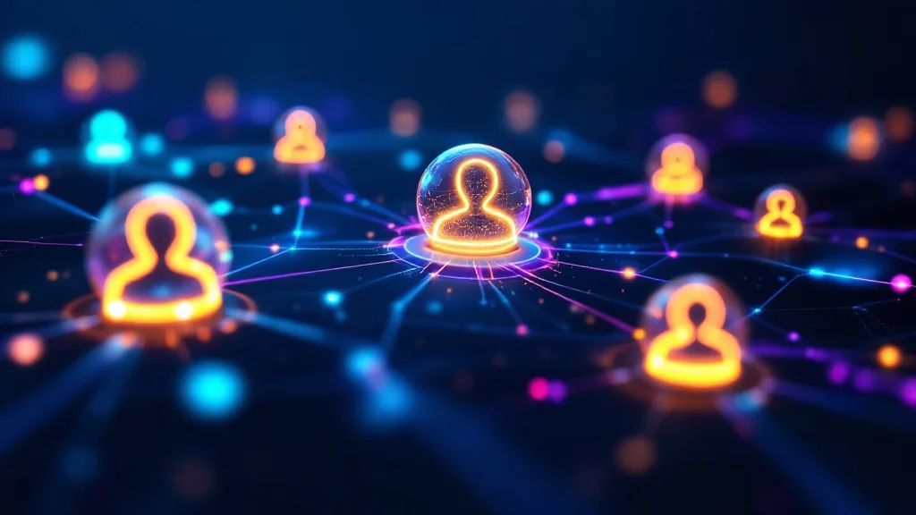 Abstract visualization of CRM deduplication: glowing customer record nodes merging into a single golden master record, representing how to dedupe CRM data