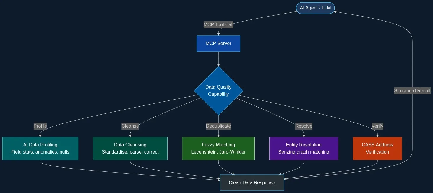 Model Context Protocol data quality workflow diagram showing how an AI agent calls MCP tools for profiling, fuzzy matching, entity resolution, deduplication, and CASS address verification
