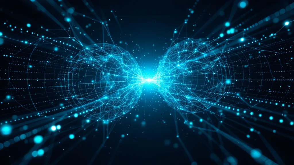 Abstract visualization of merge purge process showing two overlapping datasets consolidating into a single clean master file with glowing data streams on dark navy background