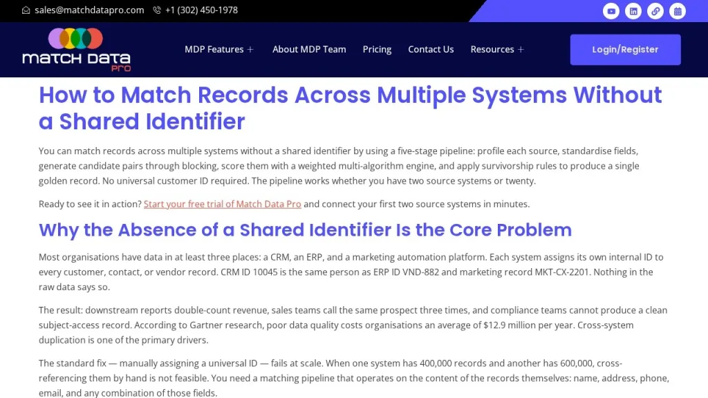 Record linkage without a shared identifier — abstract visualization of interconnected data nodes linking siloed CRM, ERP and marketing records into unified golden records